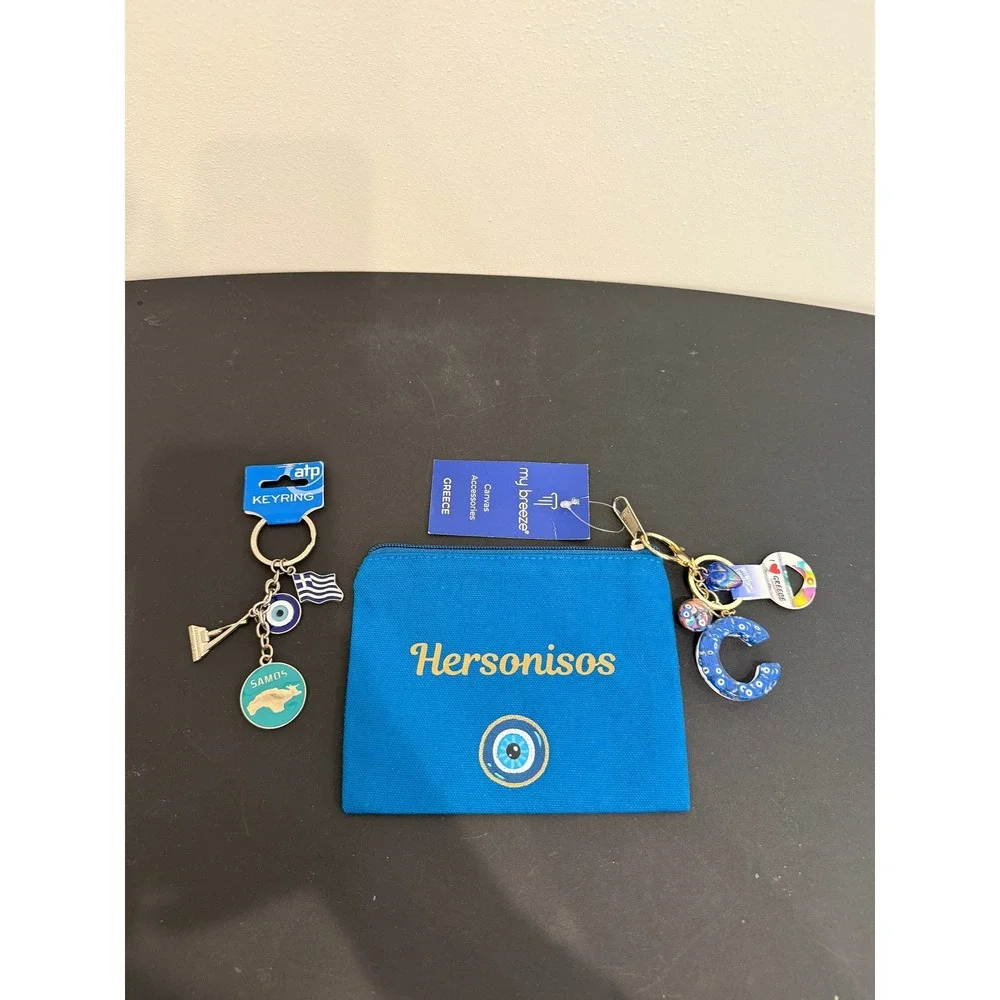 Greece Souvenir Set My Breeze Hersonisos Evil Eye Canvas Pouch and Keychains NWT